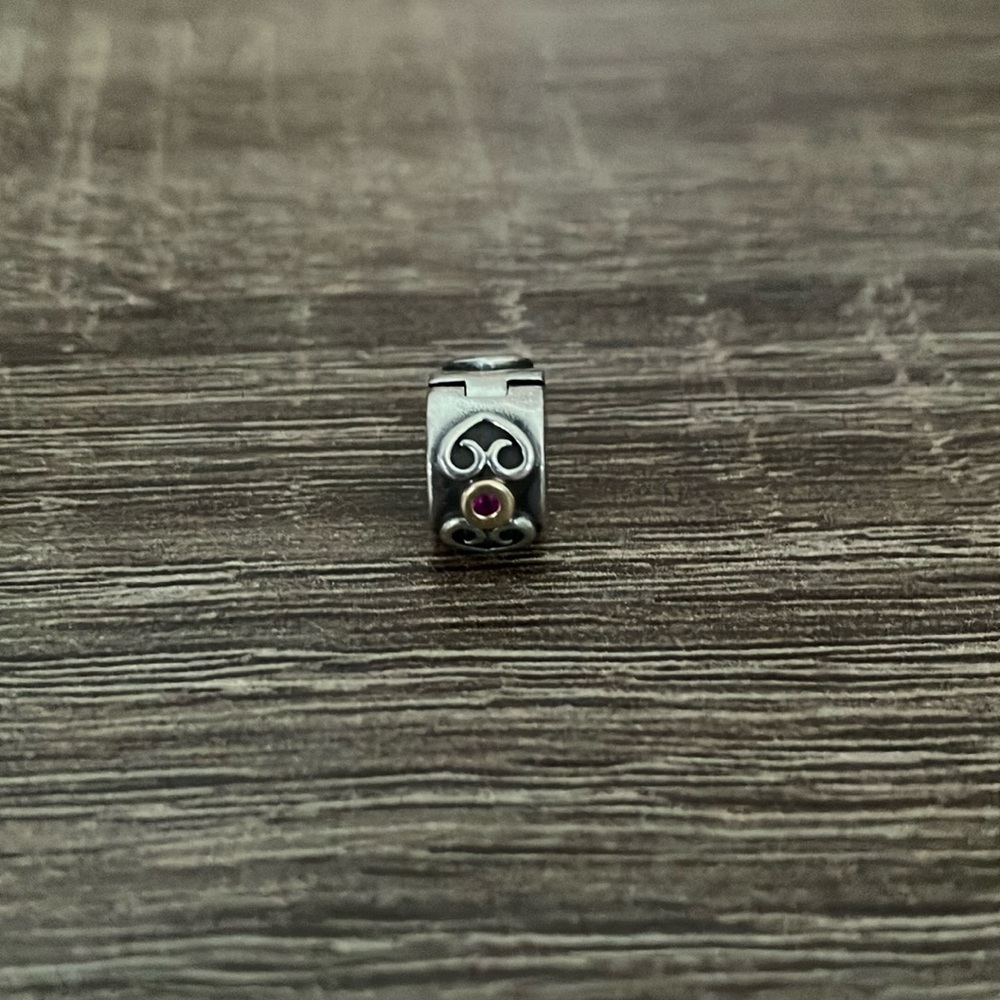 Pandora Silver Bracelet Charm with Gold Accent and Pink Gem